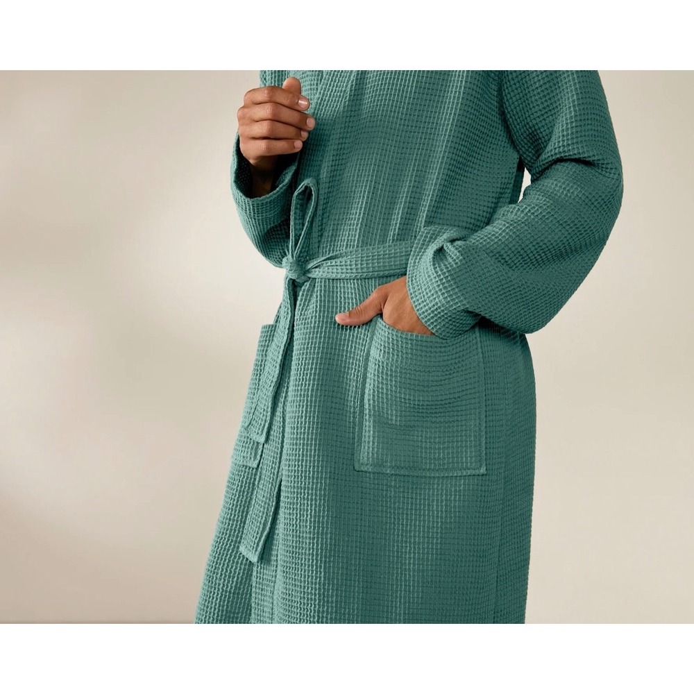 Coyuchi Organic Cotton Unisex Waffle Robe in Spruce Green S/M Self Tie NEW!! - Picture 3 of 11